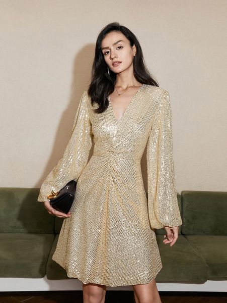 

lantern sleeve ruched detail sequins dress 57sq#, Black;gray