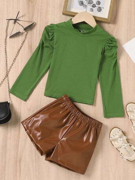 

toddler girls solid puff sleeve tee & pu shorts she, White