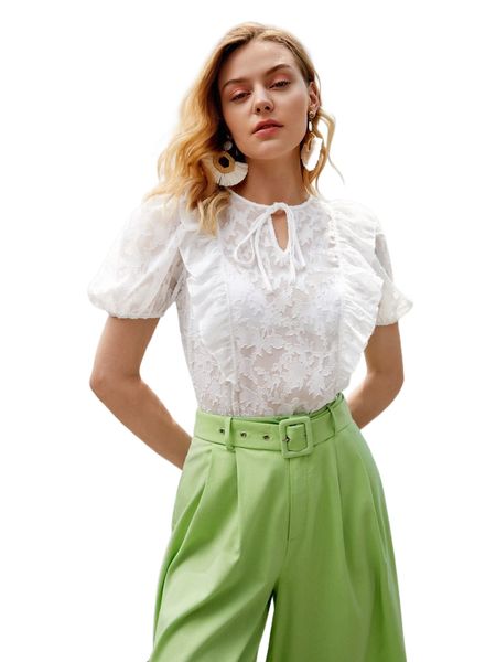 

jacquard tie neck puff sleeve ruffle trim blouse q0fd#, White