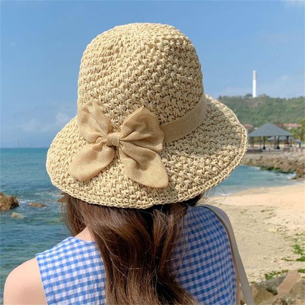 Chapéus largos de aba ampla praia dobrável Praia Hat Hat Summer UV Protection Cap Straw Hatwide