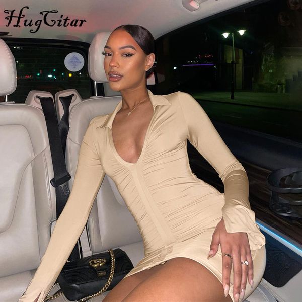 

2022 solid pleated polo neck long sleeves mini dress summer autumn women fashion streetwear y2k elegant wear, Black;gray
