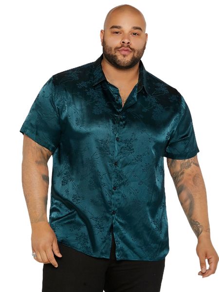 

extended sizes men floral jacquard satin shirt r13l#, White;black