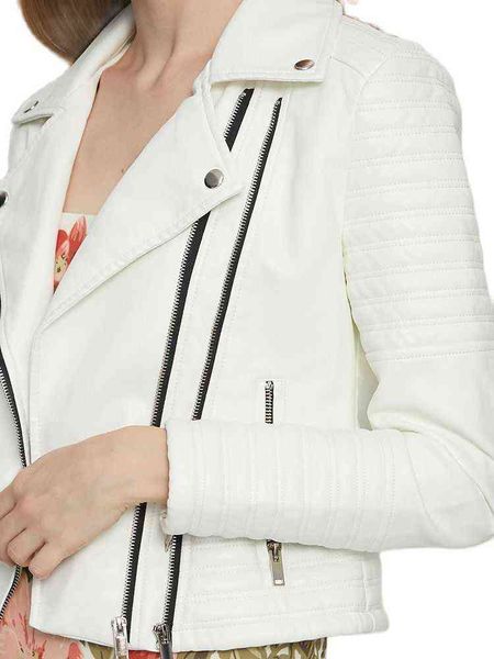 2022 New Mody Women Motocicleta White Faux Sheepskin Leather Jackets Feminino Autumn Winter Biker Zippers Artilha de streetwear Black Locats L220728