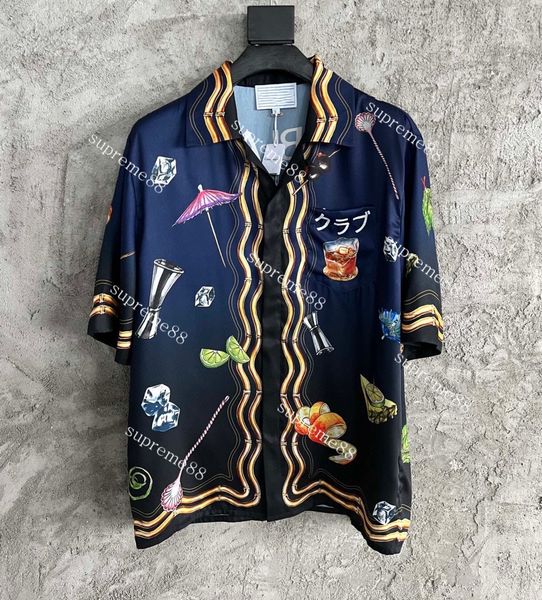 

2022ss new casablanca hawaiian whisky glass printed silk short sleeve shirt fashion men designer shirts, White;black