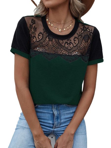 

lace panel colorblock tee 52ku#, White