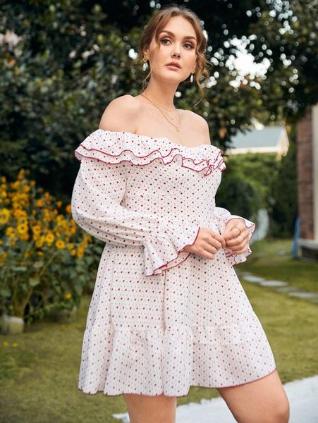 

plus heart print flounce sleeve bardot dress s4j1#, Black