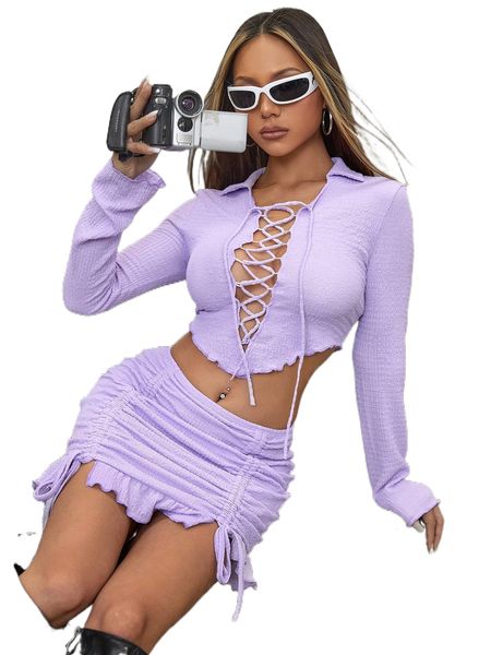 

dopamine dressing lace up front crop & drawstring bodycon skirt b76b#, White