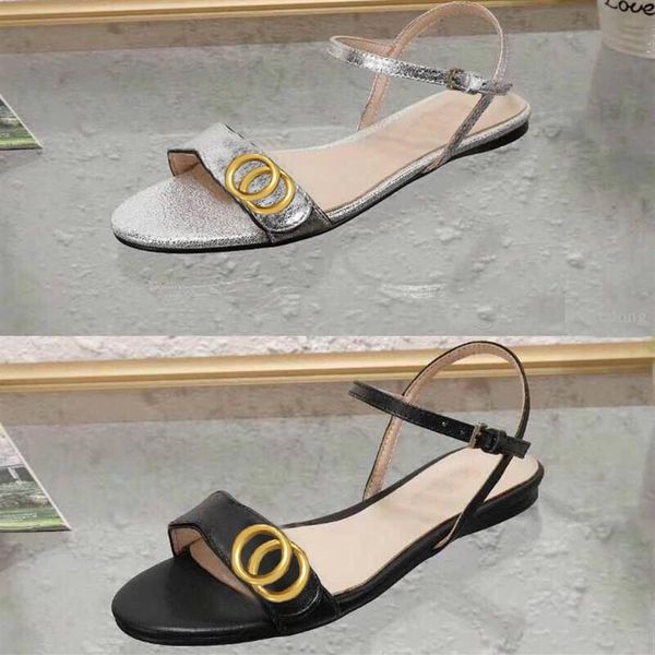 

classic lady sandals 100% leather flat shoe bottom beach belt buckle metal women shoes black soft cowhide designer woman loafers l334e