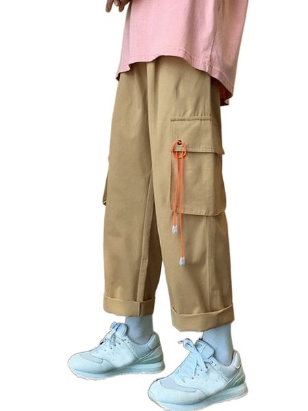

men flap pocket side drawstring waist cargo pants x8f4#, Black