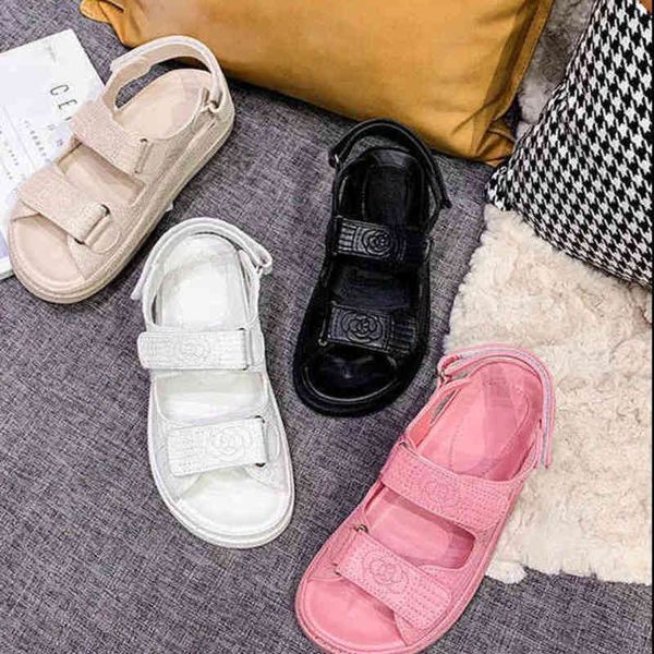 

outlet small fragrance sandals 2022 summer new grape size leather velcro flat bottom thick non slip beach shoes, Black