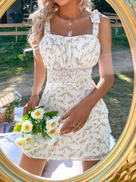 

floral print tie shoulder shirred waist cami dress b0ag#, Black;gray