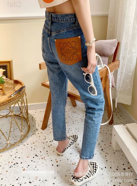 

women's jeans designer right version luoyi 21ss new leather label pocket straight tube slim casual denim pants for women, Blue