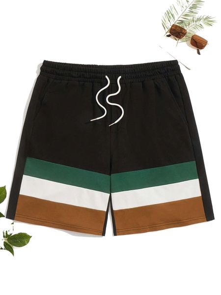 

men color block drawstring waist shorts k8d4#, White;black