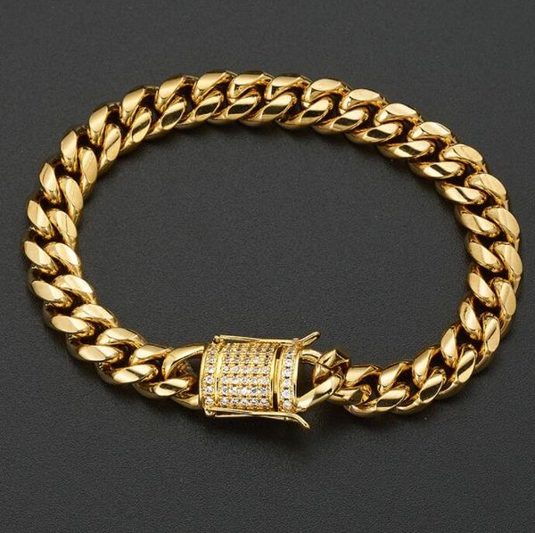 

men cuban miami link 14mm thick bracelet 14k gold plated cz diamond clasp, Black