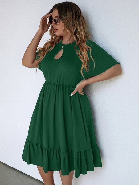 

plus keyhole neckline ruffle hem dress m2kg#, Black