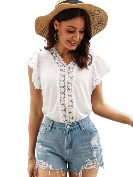 

solid contrast lace butterfly sleeve p6mf#, White