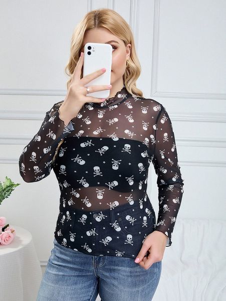 

plus star & skull print mock neck mesh without tube a01x#, Black