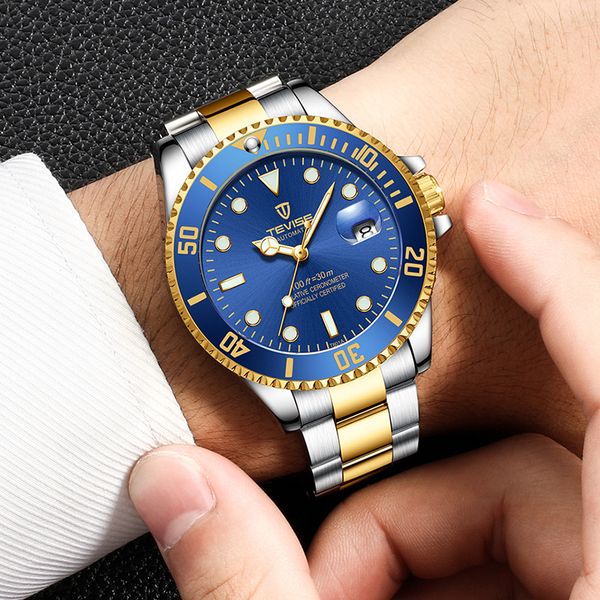 

drop shipping tevise brand men mechanical watch automatic fashion luxury stainless steel male clock relogio masculino 2022-01, Slivery;brown