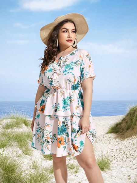 

plus floral print knot front ruffle trim layered hem dress r9in#, Black