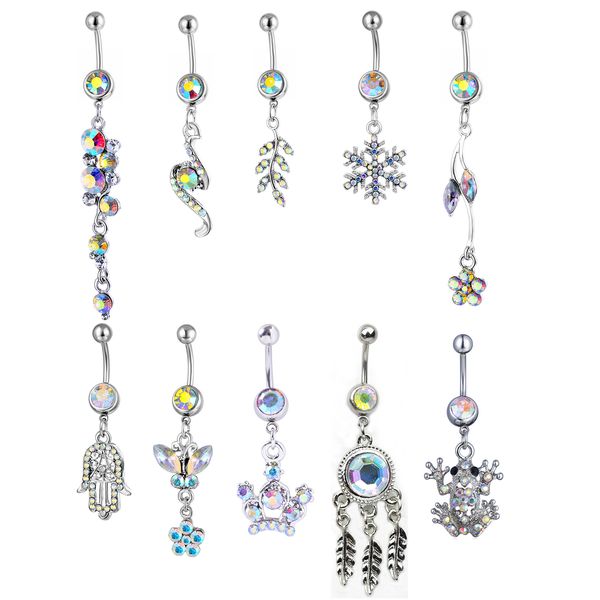 

ab10-001 belly navel button ring mix 10 styles clear ab colors 10 pcs frog crown dream catcher, Silver