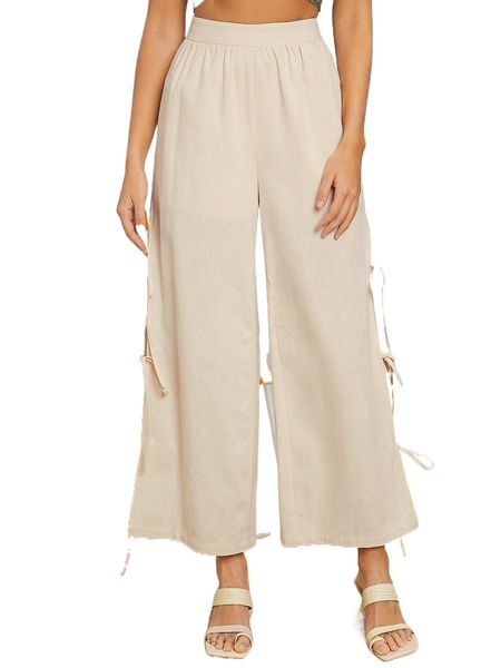 

slit tie side wide leg pants h85u#, Black;white