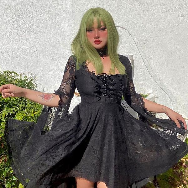 Vestidos casuais escuro gótico espartilho espartilho vestido mulheres streetwear fada grunge alta cintura atadura mini harajuku sexy emo alternative vestidos