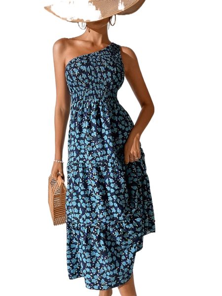 

ditsy floral one shoulder shirred bodice dress 63cs#, Black;gray