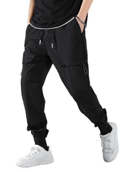 

men flap pocket side drawstring waist cargo pants r4l1#, Black