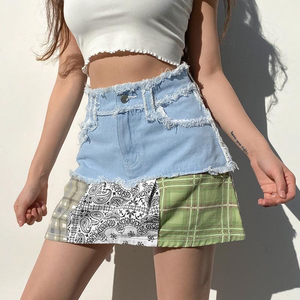 

skirts women summer miniskirt, plaid splicing high-waist frayed denim skirt with pockets for girls, green, Black