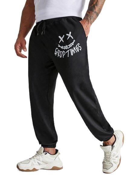 

extended sizes men letter & expression print drawstring waist pants n1ox#, Black