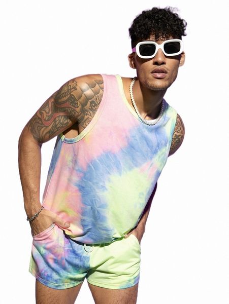 

men tie dye tank & drawstring waist shorts d7jw#, Gray