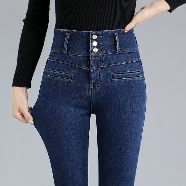 Ladies Super High Caist de jeans skinny sexy inverno azul azul preto preto espesso calça jeapis 220526