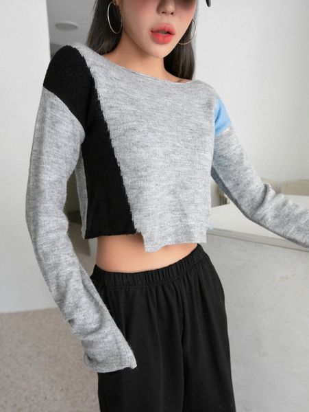 

dazy colorblock asymmetrical hem crop sweater v2su#, White;black