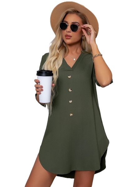 

notched neck button front tunic dress h6jt#, Black;gray