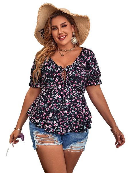 

plus allover floral print flounce sleeve peplum blouse v4la#, Black