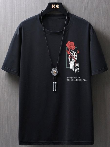 

men japanese letter & floral print drop shoulder tee i6vg#, White;black