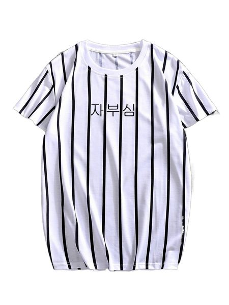 

men vertical striped & korean letter graphic tee c1eo#, White;black