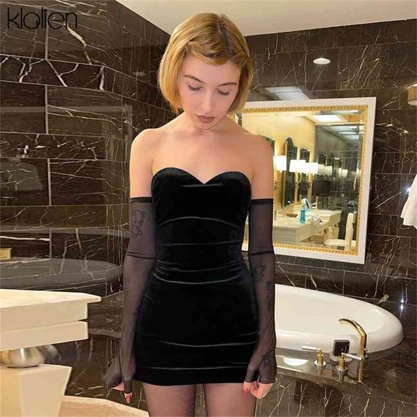 

klalien fashion party beach birthday black strapless dress women simple slim removable mesh sleeves female dress 210706, Black;gray