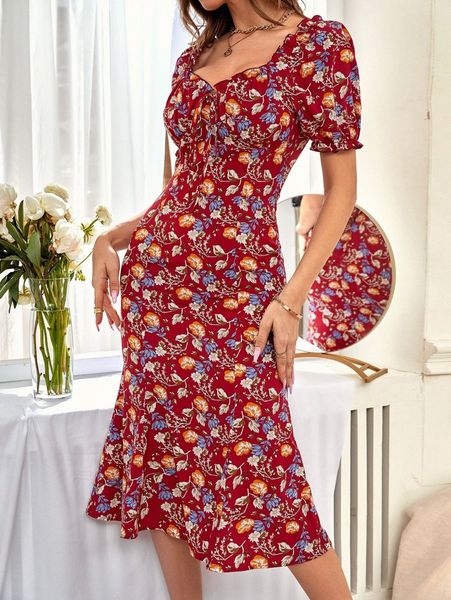 

allover floral sweetheart puff sleeve mermaid dress 68zs#, Black;gray