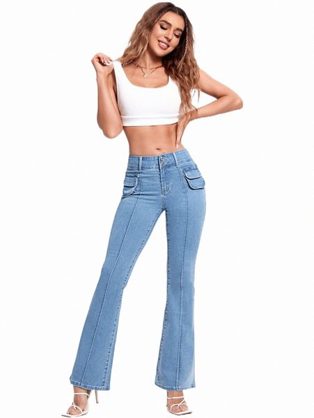 

flap pocket flare leg jeans 43w8#, Blue
