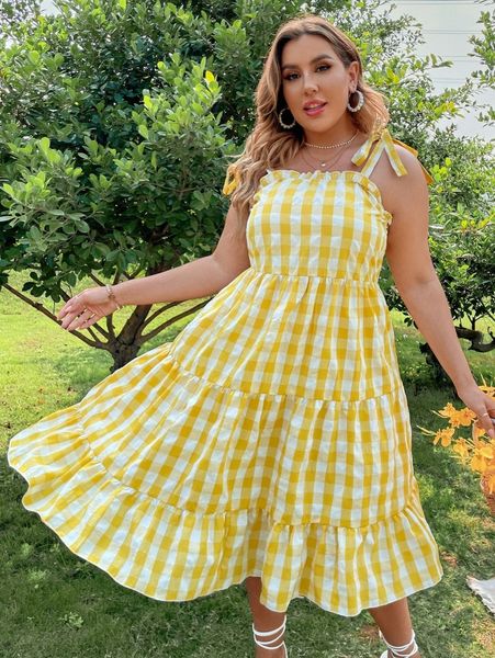 

plus gingham print ruffle hem cami dress h4hi#, Black