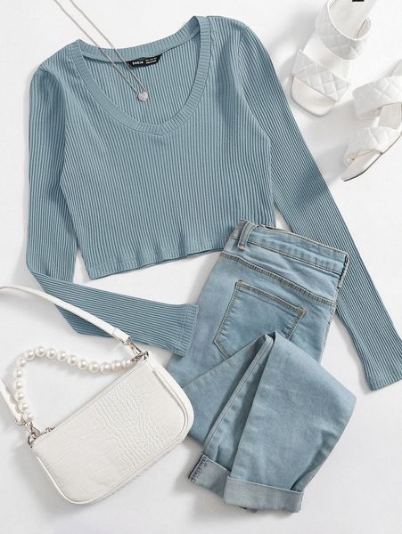 

v neck rib-knit crop t9or#, White