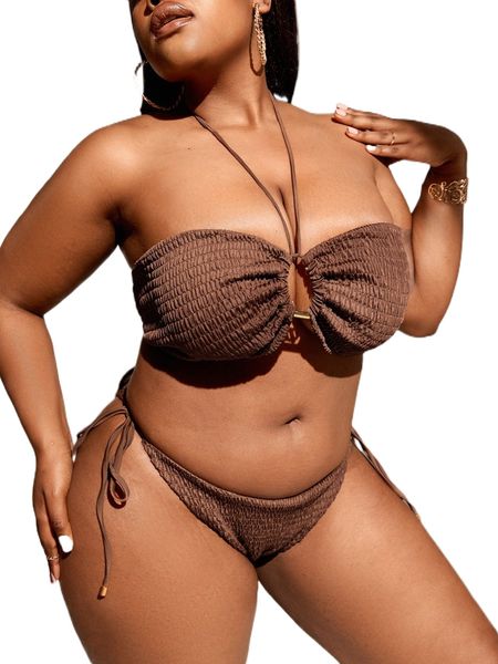 

plus smocked tie side halter bikini swimsuit 6636#, White;black