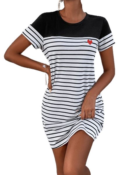 

striped heart embroidery tee dress without belt k9wu#, Black;gray