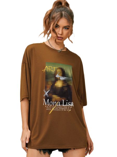 

slogan & figure graphic drop shoulder tee d6lg#, White