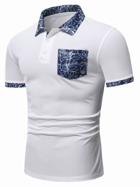 

men floral print patched pocket polo shirt l1g7#, White;black