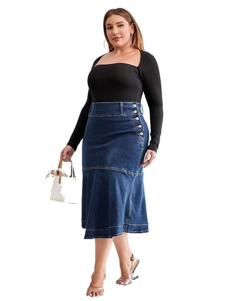 

plus button side mermaid hem denim skirt u8ud#, Black