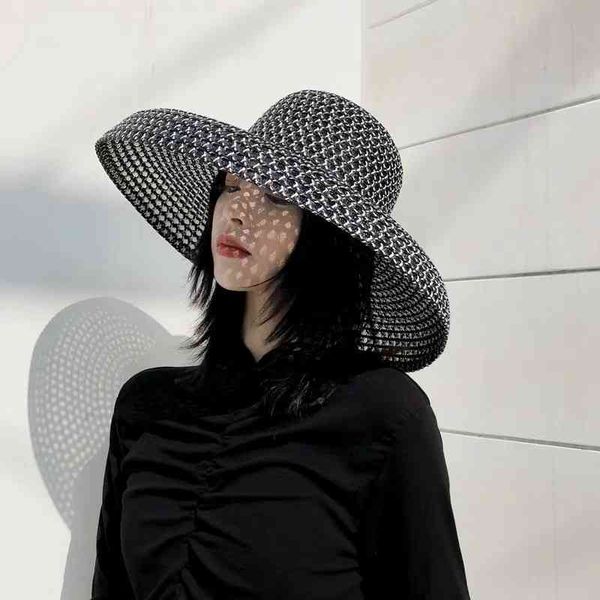 

retro round big straw ladies sun s travel holiday visor s vintage women beach hat black and white wholesale, Blue;gray