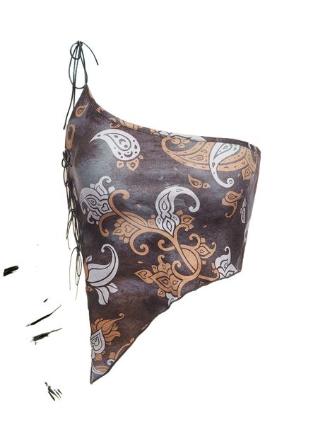 

paisley print asymmetrical hem tie backless crop halter m7dk#, White