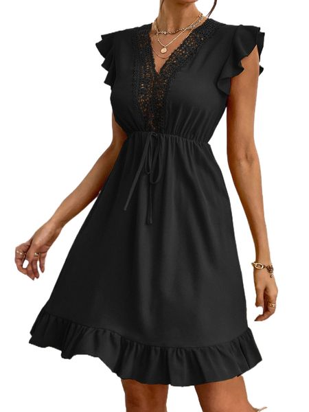 

contrast guipure lace knot waist ruffle trim dress g74e#, Black;gray